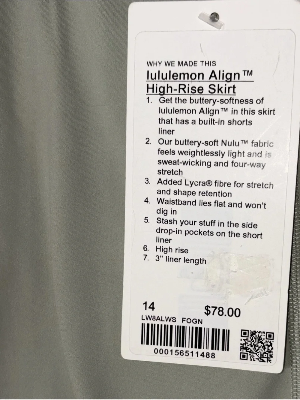 NWT LULULEMON SIZE 14 ALIGN HIGH RISE SKIRT UNDER SHORTS W/POCKETS FOG GREEN